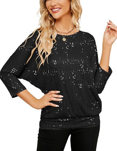 JASAMBAC Sexy Oberteil Damen Party Pailletten Oberteil Rundhalsausschnitt Festliche Blusen Funkelnde Schulterfreies Abend- Tunika 3/4-äRmel Elegante Hemdbluse