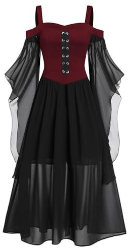 AMhomely Women Gothic Steampunk Maxi Dress - Vintage Medieval Mesh Elegant Party Evening Cocktail Dress with Corset and High Waist