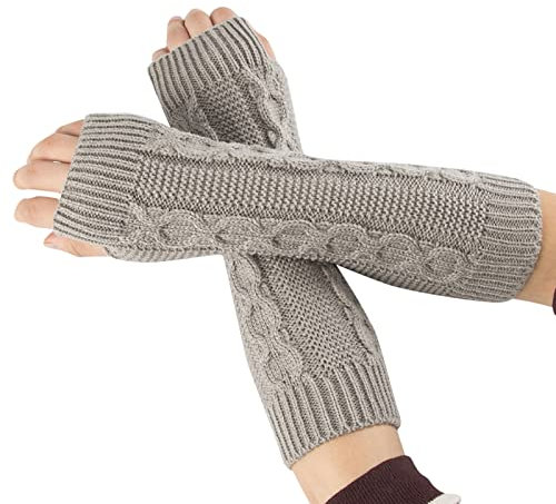 Generisch Winterwarme Damen-lange Zopfmuster-Strick-Acryl-Handschuhe Armstulpen Fingerlose Handschuhe -Handschuhe Fäustlinge Latex Catsuit (Grey, One Size)