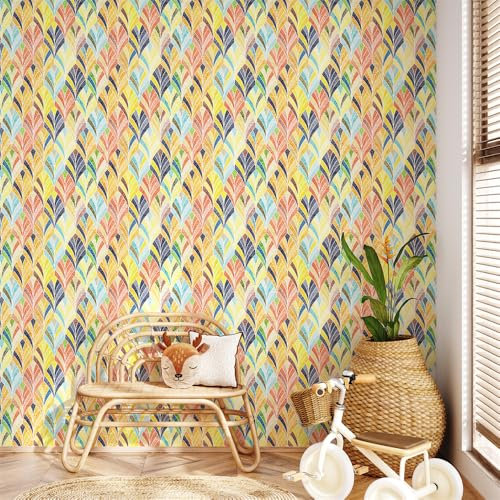 Papier Adhesif pour Meuble Feuilles Jaune Bleu Papier Peint Adhesif Mural Vinyle Papier Collant pour Meuble Imperméable Papier Peint Autocollant Mur Papier Peint Adhesif 1P (40x100 cm)