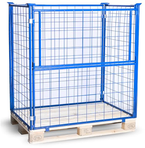 HHL Euro-Gitterbox mit klappe | Gitteraufsatzrahmen H1200 x B1200 x L800mm für aufbewahrung| Faltbarer Gitterrahmen für Euro-palette | Gitterbehälter aus Stahl | Gitterboxen für Holz, Lager | Blau