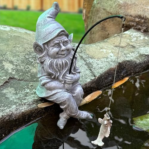 Garden Gnome Pond Statue Decoration, Fishing Gnome Garden Statue Outdoor Koi Pond or Waterfall Decor, 9.7 Stone Gnome Fishing Poolside Statue with Glow in Dark Pebbles Included, Great Gifts for Mom