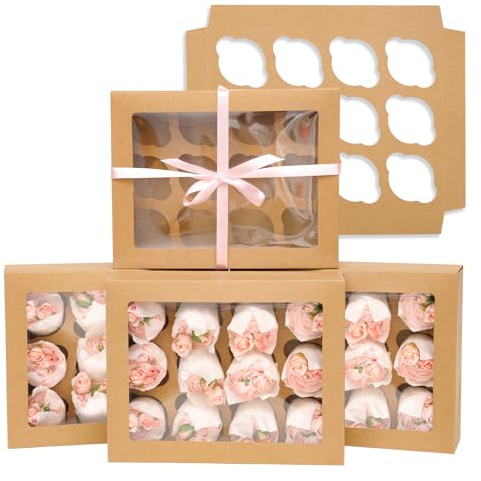 Gcardist Auto-pop Up 12 Cupcake Boxes with Window Brown 12 Packs Cupcake Box 33x25.4x9cm Bakery Boxes For Cupcakes Carrier, Cupcake Containers