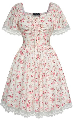 SCARLET DARKNESS Robe victorienne florale vintage à manches courtes avec lacets pour femme, Beige Rose Floral, M