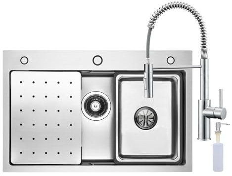 CECIPA Evier Cuisine Inox 1 Bac avec RobinetCuisine Ressort Spirale, 70x45 CM Grand Evier et Distributeur de Savon, Evier de Cuisine et évier mobile et planche à découper