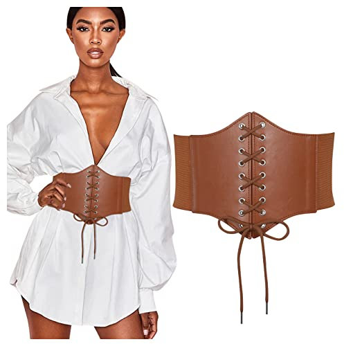 WHIPPY Damen Schnürkorsett gebundener Waspie Breitgürtel elastischen Korsett Taille Gürtel Schnürgürtel, 73cm+Braun