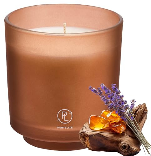 PartyLite Bougie parfumée rechargeable en pot, ambre et patchouli fumé avec parfum de lavande, aromathérapie à mèche unique avec 45 à 50 heures de combustion, idéale pour la décoration de la maison,