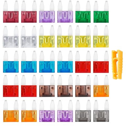 Kfz Sicherungen Set, 30 Stück Autosicherungen, Mini Standard KFZ Flachsicherungen, Stecksicherungen PKW, Autosicherungen Set Gemischt 2A 3A 5A 7.5A 10A 15A 20A 25A 30A 35A 40A mit 1 Sicherungszieher