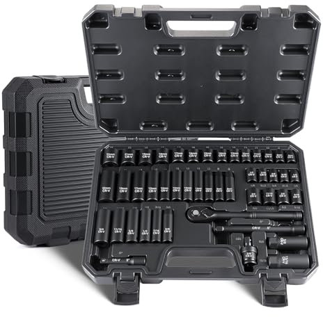 Putentfun 3/8 Drive Impact Socket Set, 47 Piece Standard SAE and Metric Sizes (1/4-Inch to 3/4-Inch and 6-22 mm), 6 Point, Cr-V, 3/8-Inch Ratchet Handle, Extension Bar, Universal Joint