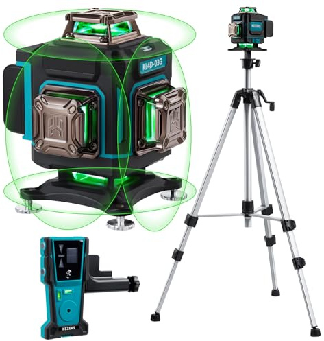 KEZERS Kreuzlinienlaser Set mit Stativ, 4 x 360 Laser-Wasserwaage mit Empfänger und Nivellierlatte für Bauarbeiten, Hausrenovierungen, zum Aufhängen von Bildern, 2 Batterien, Fernbedienung