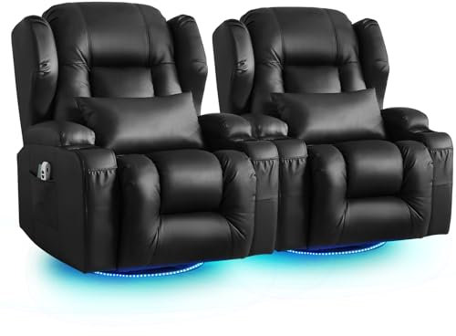 SAMERY Relaxsessel Elektrisch mit Massage & Heizung, Kunstleder Fernsehsessel mit Liegefunktion, 270° Drehbar & 30° Wippbar, USB/LED/Typ-C – Kinosessel TV Sessel Sofa Chair für Wohnzimmer (2, Schwarz)