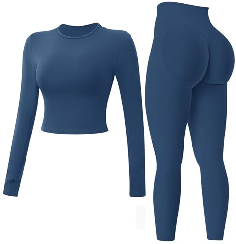 Seamless Workout Sets for Women 2 Piece Long Sleeve Crop Top Hidden Scrunch Leggings Yoga Outfits Gym Tracksuit
