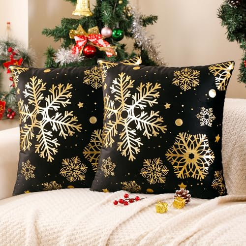 Miuyunya 2er Set Weihnachts Kissenbezug Schwarz 40x40 Weihnachten Gold Schneeflocke Kissen Deko Samt Kissenhülle Winter Weihnachtskissen Sofa Kissenbezüge Weihnachtsdeko für Wohnzimmer Couch