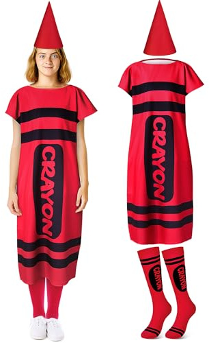 Mepase 4 Pcs Halloween Crayon Costume for Adults, Halloween Crayon Fancy Dress Cone Dwarf Cap Stockings for Cosplay