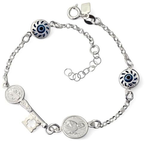 Inmaculada Romero IR Armband aus 925er Sterlingsilber, 18 cm. 20 mm Schlüssel des Heiligen Benedikt, 10 mm Medaille des Heiligen Judas Thaddäus, 8 mm böser Blick.