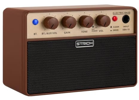 STRICH Mini Amplificador de Bajo 2 × 5W - Amplificador portátil Recargable para práctica de bajo con Canales Clean y Drive, Salida de Auriculares 1/8 para Principiantes, práctica, Marrón Vintage