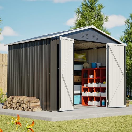 Metall Gerätehaus 229,4x180x191cm mit abschließbarer Tür，Geräteschuppen Inkl. Metallfundament (ohne Boden), Garten Schuppen mit Pultdach, Gartenhütte Blech für Werkzeugen, Fahrrädern usw. (Anthrazit)