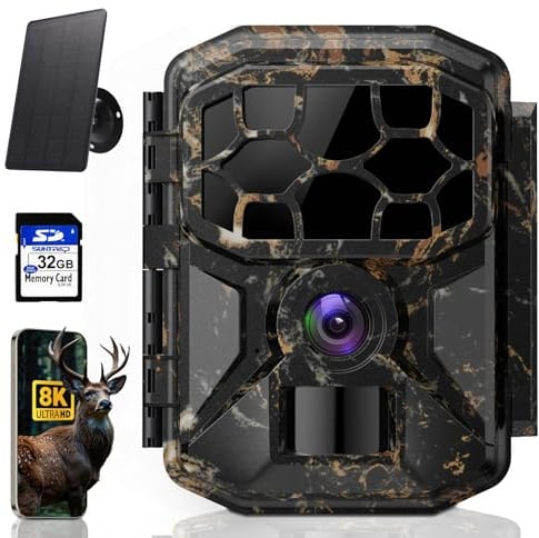 Hgtraco Solar Wildkamera - Wildkamera 8K 60MP WLAN mit Handyübertragung App, 7800mAh Akku, Bewegungsmelder 0,1s Auslösezeit, Wildtierkamera mit Nachtsichtkamera, 32GB SD Karte, IP66 Wasserdicht