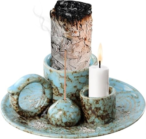 4 IN 1 Räucherschale Keramik, Räucherstäbchenhalter mit Ascheschale, Räuchergefäß für das Verbrennen von Salbei, Palo Santo, Räucherstäbchen und Räucherkegeln, für Home Decor, Meditation und Yoga