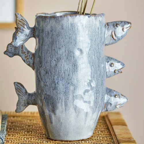 Bloomingville Vase TACE Blau Keramik Fische 23 cm Blumenvase