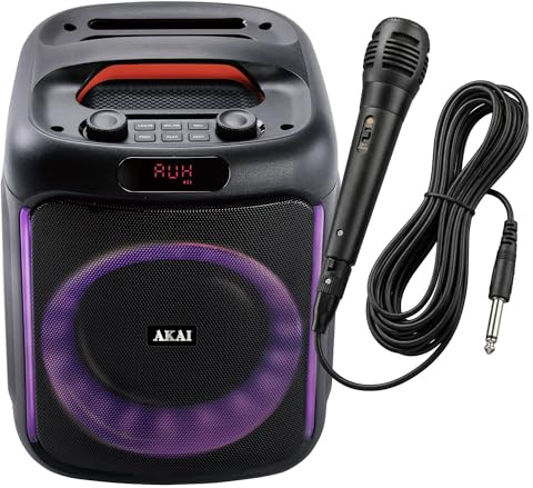 AKAI ABTS-V20 Tragbarer Bluetooth Lautsprecher, Musikbox mit Mikrofon USB, SD Karte, AUX IN, FM Radio, Kompakte BT Box mit Akku und Karaoke für Kleine Partys