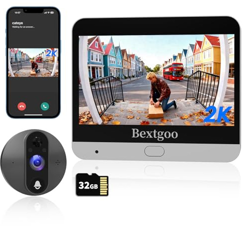 Bextgoo Spioncino Digitale WiFi con Campanello, 2K Videocitofono WiFi | Display 4,3, Batteria 8000mAh, Grandangolo 170°, Rilevamento AI, Audio Bidirezionale, con 32G Scheda, per Appartamento, Casa