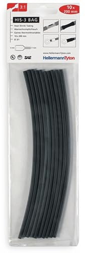 HellermannTyton - Lot de 10 Gaines Thermo rétractables Noires his-3-bag-3/1 200mm