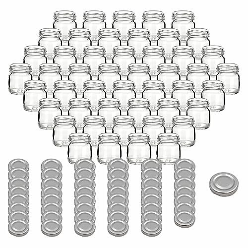 gouveo 48er Set Einmachgläser 40 ml Mini mit Schraubdeckel silberfarben - Mini Vorratsgläser mit Drehverschluss TO43 - Mini Schraubglas zum Einkochen für Marmelade, Konfitüre (EGR040S)