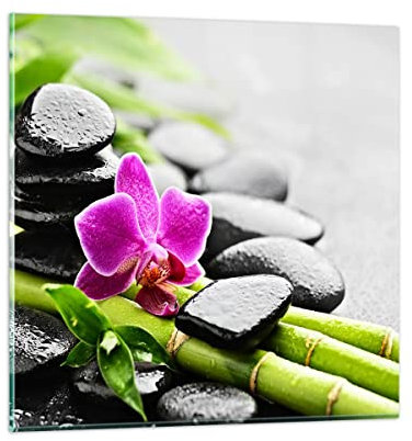 Bilder auf Glas Pflanze Steine Bambus Spa Glasbild 30x30cm Wandbilder Dekoration Wohnzimmer Schlafzimmer Küche Deko Klein Wanddeko Bild im Glas Wand Kunstdruck Art Modern Wall Decor GAC30x30-2681
