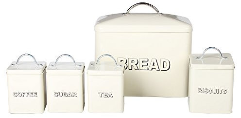 5PC Vintage Classic Retro Metal Kitchen Compendium Storage Set: Bread Bin, Biscuit Tin & Tea, Coffee and Sugar Cannister Set in Cream Colour