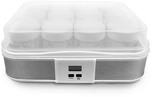Todeco - Joghurtmaschine, Joghurtbereiter - Kapazität pro Glas: 0,21 L - Watt: 21,5 W - 12 Gläser, mit Timer, 30,6 x 25 x 12,4 cm, Weiß