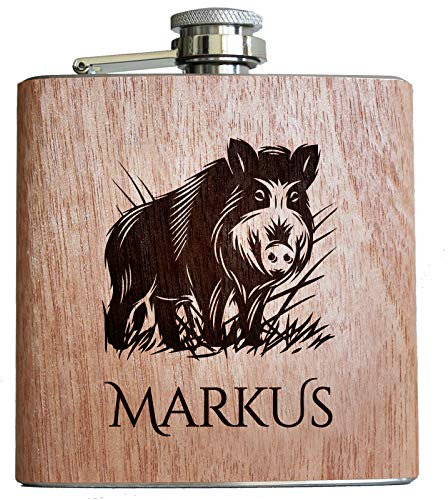 Pixelstudio Wildschwein Holz Flachmann mit persönlicher Namens Gravur | Geschenk Jäger Jägerin Waidmannsheil Wild Sau Keiler Jagd