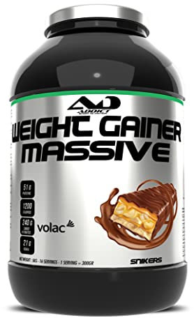 Addict sport nutrition - Weight gainer massive - Prise de masse musculaire avec protéine concentrée - Ultra calorique 1200 kcal par dose - 51g de protéine et 21g de BCAA - 5 kg - Goût snickers
