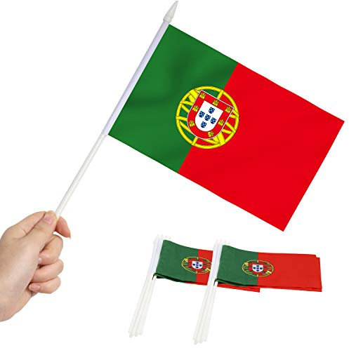 Anley Portugal Mini Flag 12 Pack - Pequeñas Banderas portuguesas en Miniatura de Mano en Palo - Colores Vivos y Resistentes a la decoloración - 5 x 8 Pulgadas con Poste sólido y Parte Superior