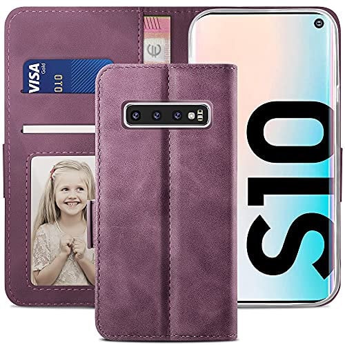YATWIN Compatible with Samsung Galaxy S10 Case, Flip Wallet Leather Case with Card Slot and Shockproof Function Kickstand Phone Cases Cover for Samsung S10 - Wine Red