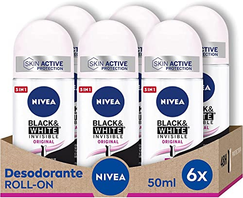 NIVEA Black & White Invisible Original Roll-on im 6er Pack (6 x 50 ml), Anti-Transpirant für duftende, geschmeidige Haut, Deo Roll-on zum Schutz der Kleidung