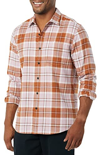 Amazon Essentials Men's Slim-Fit Long-Sleeved Button-Down Plaid Flannel Shirt, Brown Lilac Plaid, L
