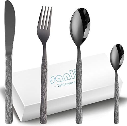 Couverts Noirs de Table 6 Personnes, SANLI 24 Pièces Un Service De Table Inox Ensemble Couteau Fourchette Cuillère.