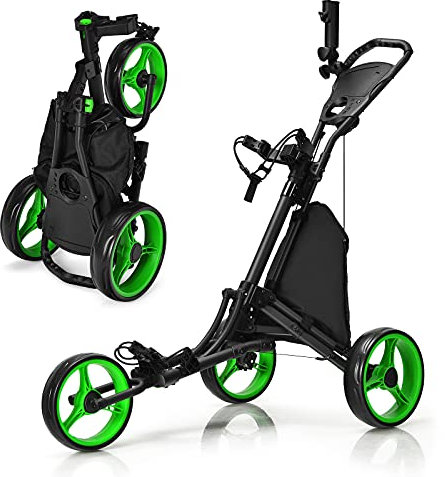 GOPLUS Chariot de Golf Pliable à 3 Roues, 4 Positions de Hauteur Réglables, Cadre en Alu, Porte-ombrelle Réglable, Sac Étanche, Frein à Pied, 121 x 70 x 116 CM, Vert