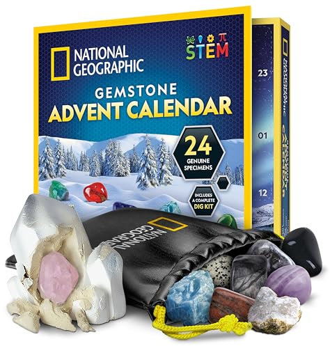 Blue Marble NATIONAL GEOGRAPHIC Gemstone Advent Calendar 2024 - Advent Calendar for Kids with 24 Gemstones, Rock Collection Christmas Countdown Calendar, Mini Gemstone Dig Kit (English-Only Version)