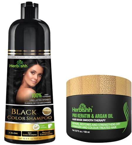 Herbishh Haarfarbe Shampoo für graues Haar 500ml + Argan-Haarmaske für trockenes oder geschädigtes Haar | Haarfarbe | Abdeckung graues Haar für Damen und Herren (Black)
