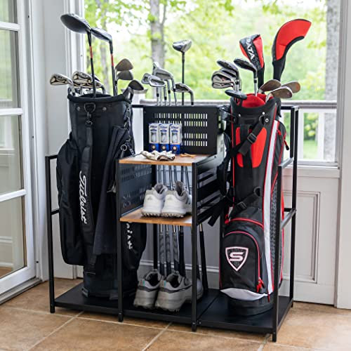 Teal Triangle Golf Storage Organizer for Garage - Golf Bag Stand for 2 Bags - Golf Club Holder Rack for Accessories - Freestanding Golf Bag Storage Rack for Home, Shed, Basement, or Sports Room