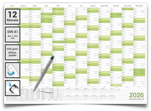 Kalenderoutlet DIN A1 abwischbarer Wandkalender 2026 gerollt 84,0x59,0 cm groß inklusive 1 Marker. Wandplaner ist feucht korrigierbar, Jahresplaner in deutscher Sprache