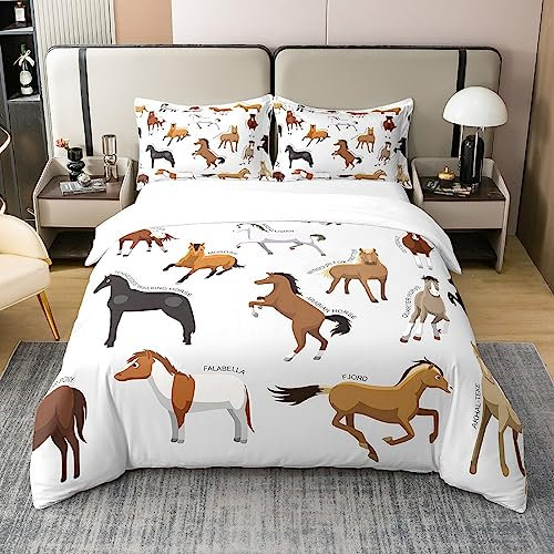100% Gewaschene Baumwolle Cartoon Pferd Bettbezug für Jungen Mädchen,Bauernhof Tiere Bettwäsche Set für Cowboy Cowgirl,Western Farmhouse Tiere Tröster Bezug 135x200,Wildlife Bett mit1 Kissenbezug