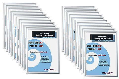 TUKA-i-AKUT 20er A3 Klapprahmen aus Aluminium 25 mm Profil, Plakatrahmen Wechselrahmen Poster Rahmen Schnapprahmen Aufklappbar mit Schutzscheibe Befestigungsmaterial, Silber Farbe, TKD8420-A3-20X