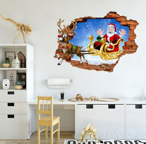 2-teilige 3d Zerbrochene Wand Elch Weihnachtsmann Wandaufkleber, Wohnzimmer, Kinderzimmer, Weihnachtsdekoration, Selbstklebende Papiertapete, 50 Bis 70cm