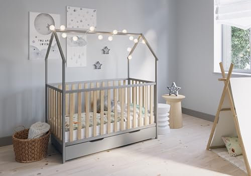 FabiMax Kinderbett Hausbett Schlafmütze mit Schublade, Grau/Natur, 140x70 cm, aus massivem Kiefernholz (Matratze Comfort, mit Schublade)