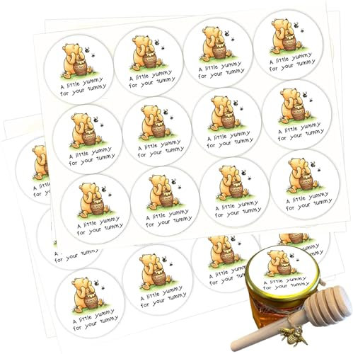 Lot de 48 autocollants classiques Winnie « A Little Yummy for Your Tummy » pour pot de miel - Décorations de fête prénatale - Décorations de fête d'anniversaire