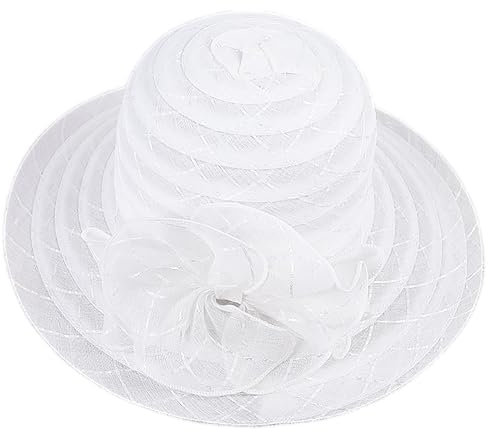 Damen-Derby-Hut aus Organza, breite Krempe, Derby-Kirchenhut, Kleid, Fascinator, Hut für Hochzeit, Teeparty, weiß, Einheitsgröße