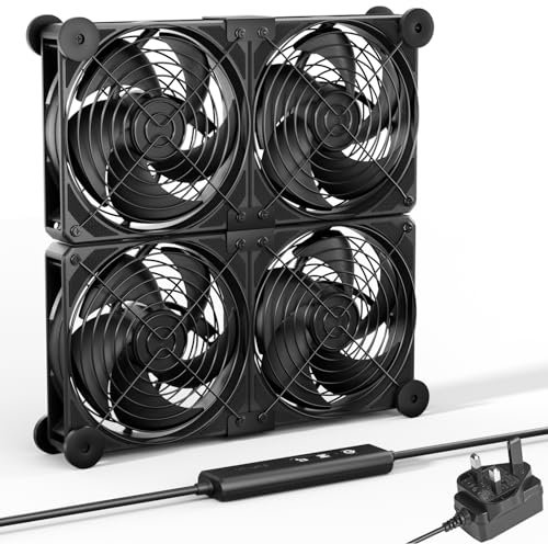 upHere gaming 4 x 120mm Dual Ball Bearing PC Fan, Powerful DC 12V Cooling with AC 220V 240V Plug, 5 Adjustable Speeds for Server Rooms, Modems, PC Cabinets, U2DC4